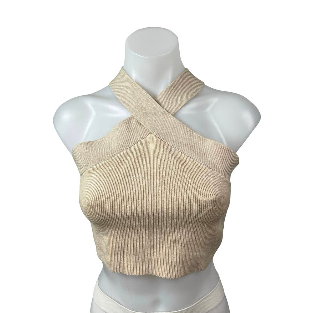 House of Harlow 1960 Cream Beige Cross Halter Sleeveless Knit Crop Top Size M